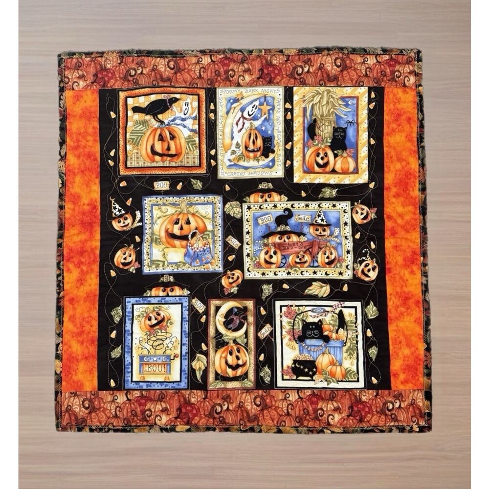 Handmade Vintage Quilted Halloween Jack O Lantern Table Topper Runner 28” X 27”